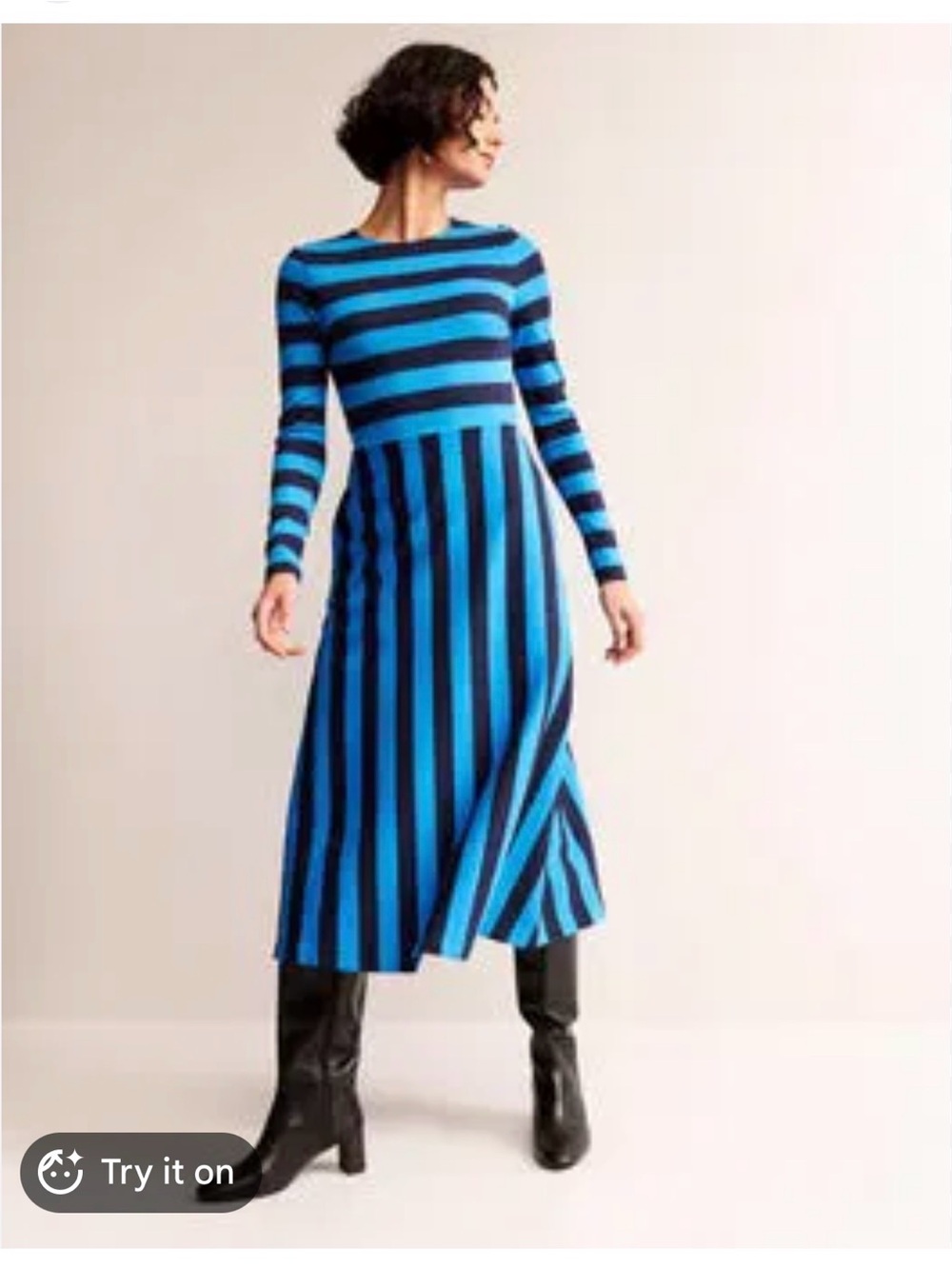Boden Striped Jersey Blue and Navy Long-Sleeve Midi Dress Size 10p